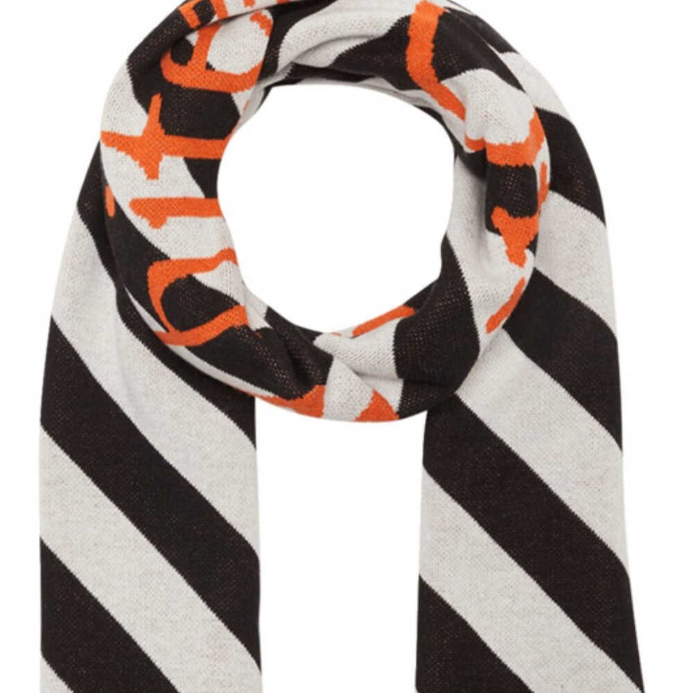 Off-White Logo Jacquard Fringe Scarf – Black/White/Orange – Unisex